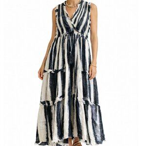 100% Cotton Striped Tiered Maxi Dress Size L/XL Boho Oversized Sleeveless Ruffle